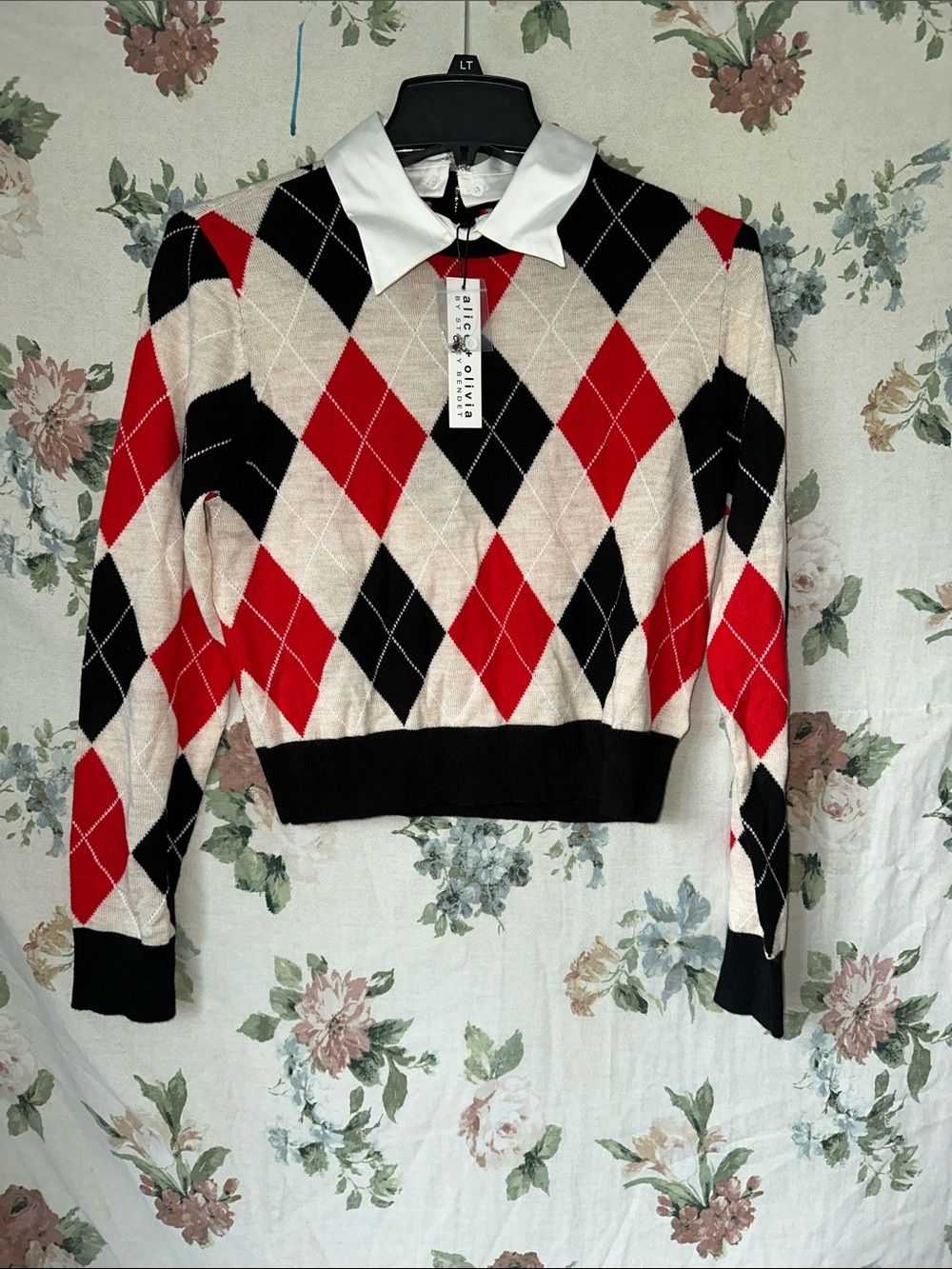 Alice + Olivia Red Black Cream Argyle Polo Sweater